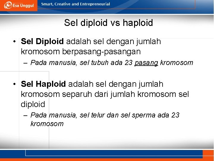 Sel diploid vs haploid • Sel Diploid adalah sel dengan jumlah kromosom berpasang-pasangan –