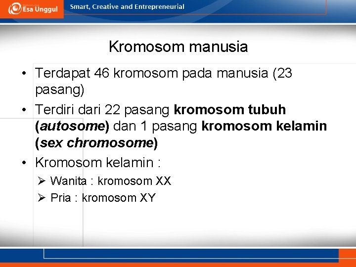 Kromosom manusia • Terdapat 46 kromosom pada manusia (23 pasang) • Terdiri dari 22