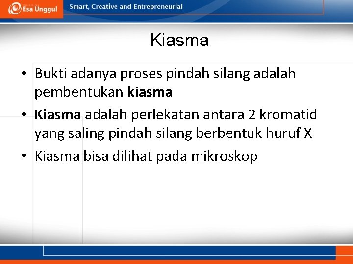 Kiasma • Bukti adanya proses pindah silang adalah pembentukan kiasma • Kiasma adalah perlekatan