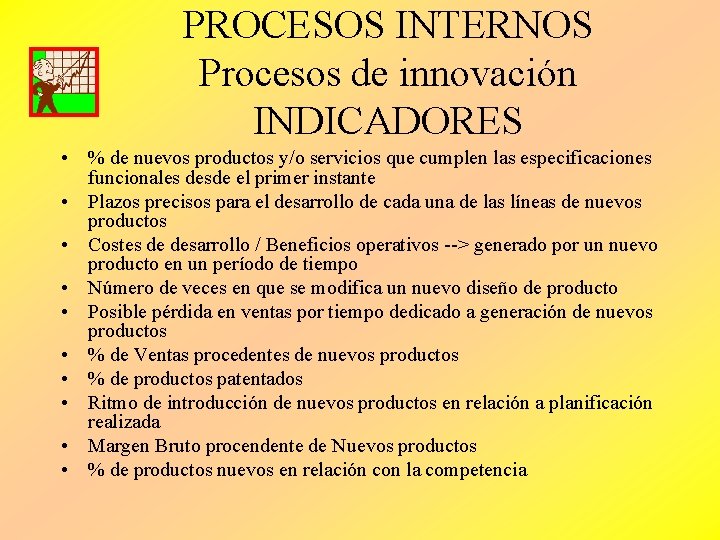 PROCESOS INTERNOS Procesos de innovación INDICADORES • % de nuevos productos y/o servicios que