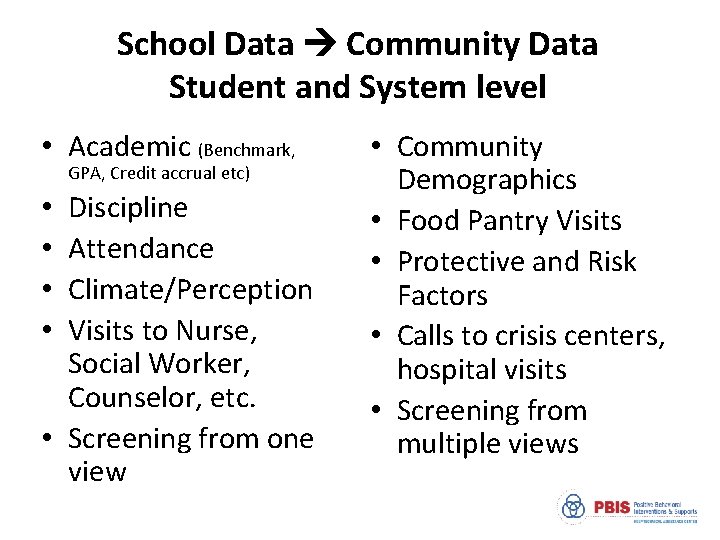 School Data Community Data Student and System level • Academic (Benchmark, GPA, Credit accrual