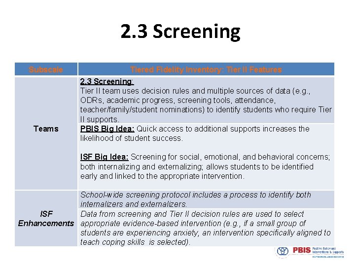 2. 3 Screening Subscale Tiered Fidelity Inventory: Tier II Features 2. 3 Screening: Tier