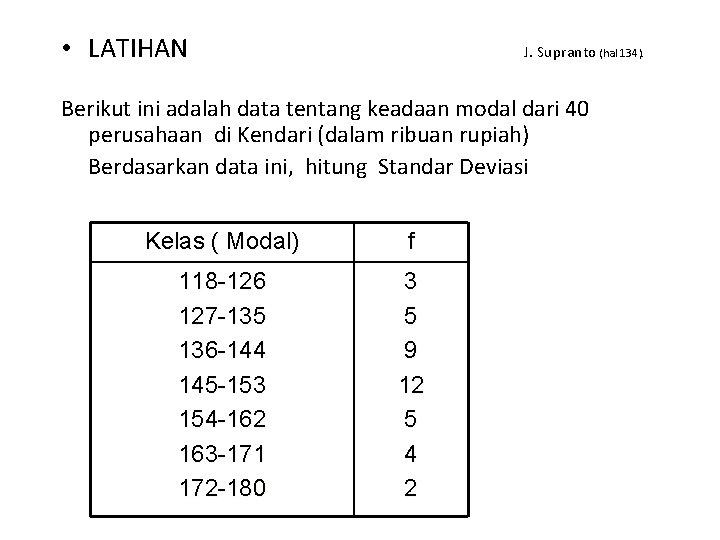  • LATIHAN J. Supranto (hal 134). Berikut ini adalah data tentang keadaan modal