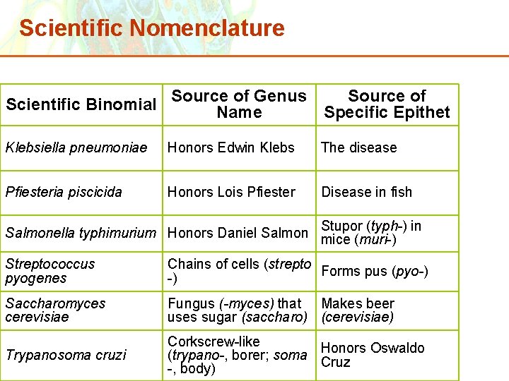 Scientific Nomenclature Source of Scientific Binomial Source of Genus Name Specific Epithet Klebsiella pneumoniae