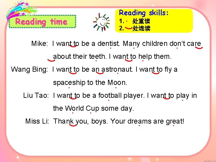 Reading skills: Reading time 1. ● 处重读 2. 处连读 Mike: I want to be
