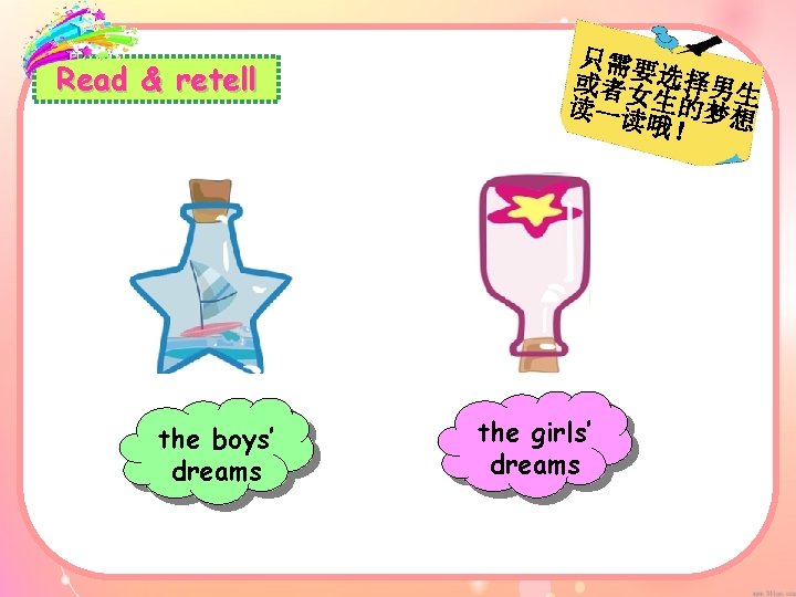 Read & retell the boys’ dreams 只需要 或者女 选择男生 读一读 生的梦想 哦！ the girls’