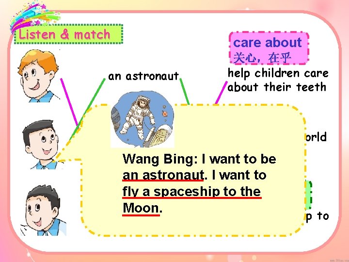 Listen & match care about an astronaut 关心，在乎 help children care about their teeth