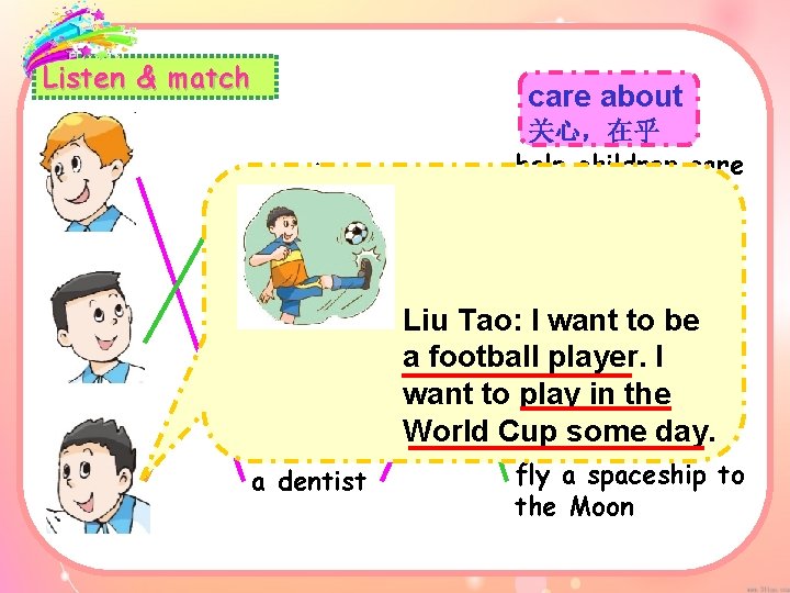 Listen & match care about an astronaut 关心，在乎 help children care about their teeth