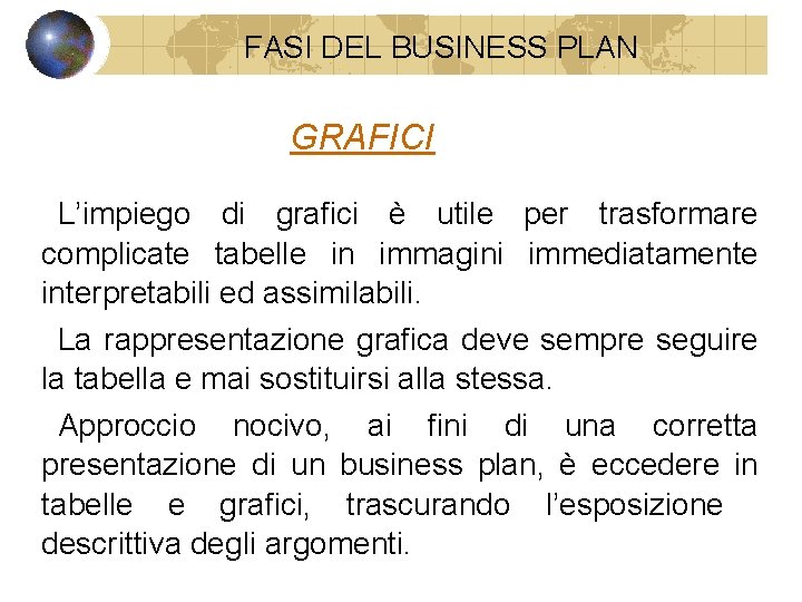 FASI DEL BUSINESS PLAN GRAFICI L’impiego di grafici è utile per trasformare complicate tabelle