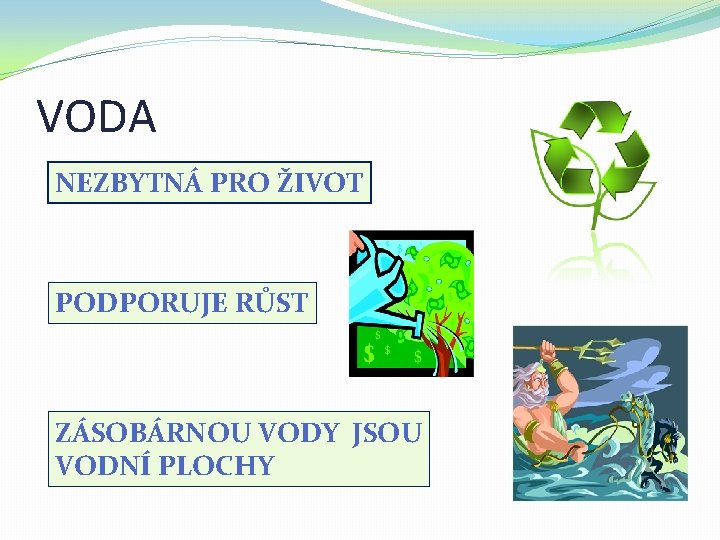 VODA NEZBYTNÁ PRO ŽIVOT PODPORUJE RŮST ZÁSOBÁRNOU VODY JSOU VODNÍ PLOCHY 