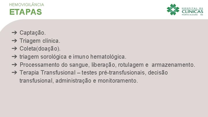 HEMOVIGIL NCIA ETAPAS ➔ ➔ ➔ Captação. Triagem clínica. Coleta(doação). triagem sorológica e imuno