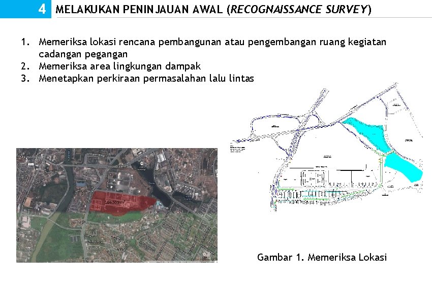 4 MELAKUKAN PENINJAUAN AWAL (RECOGNAISSANCE SURVEY) 1. Memeriksa lokasi rencana pembangunan atau pengembangan ruang