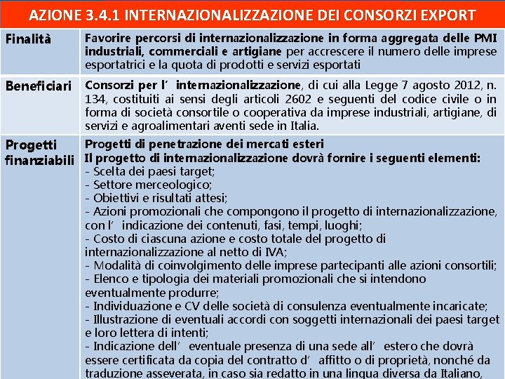 AZIONE 3. 4. 1 INTERNAZIONALIZZAZIONE DEI CONSORZI EXPORT Finalità Favorire percorsi di internazionalizzazione in