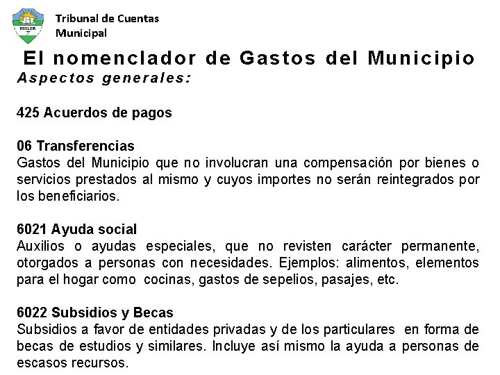 Tribunal de Cuentas Municipal El nomenclador de Gastos del Municipio Aspectos generales: 425 Acuerdos