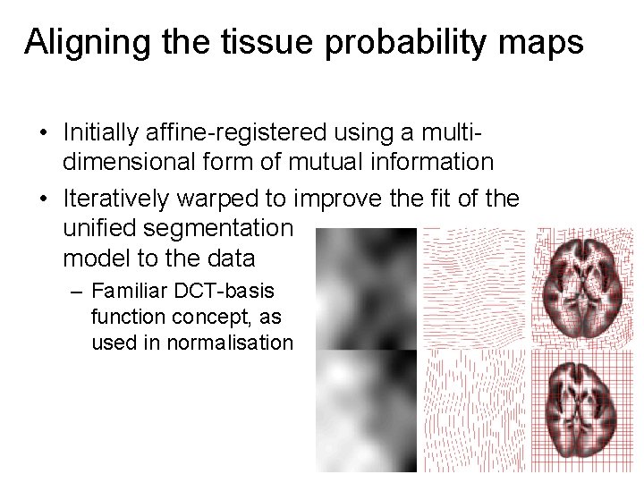 Aligning the tissue probability maps • Initially affine-registered using a multidimensional form of mutual