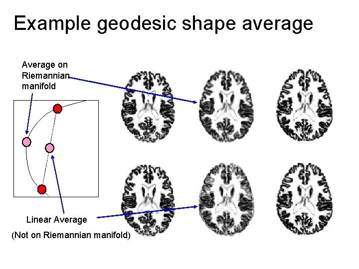 Example geodesic shape average Average on Riemannian manifold Linear Average (Not on Riemannian manifold)