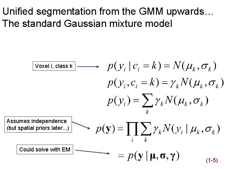 Unified segmentation from the GMM upwards… The standard Gaussian mixture model Voxel i, class