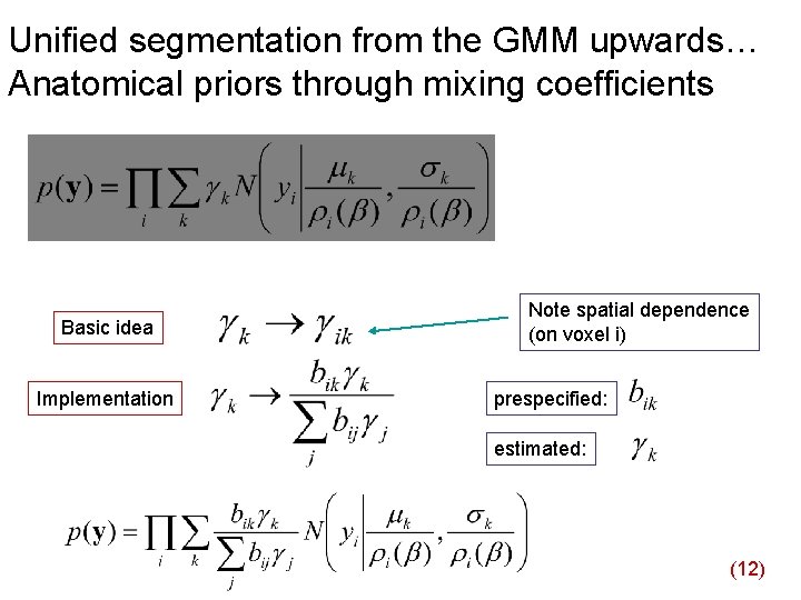 Unified segmentation from the GMM upwards… Anatomical priors through mixing coefficients Basic idea Implementation