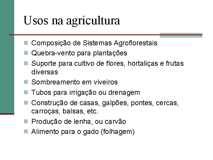 Usos na agricultura n Composição de Sistemas Agroflorestais n Quebra-vento para plantações n Suporte