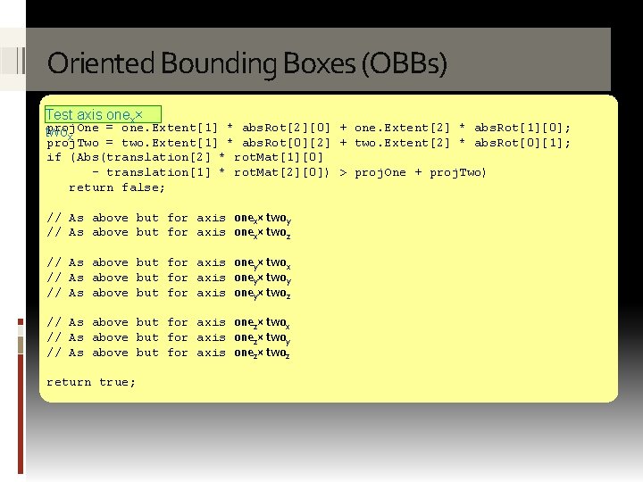 Oriented Bounding Boxes (OBBs) Test axis onex× proj. One = one. Extent[1] * abs.
