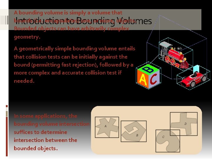 A bounding volume is simply a volume that bounds (i. e. encapsulates) one, or