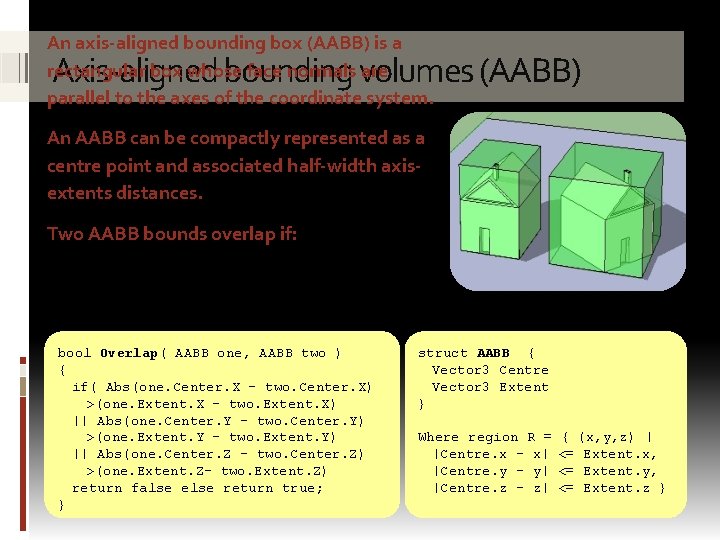 An axis-aligned bounding box (AABB) is a rectangular box whose face normals are parallel