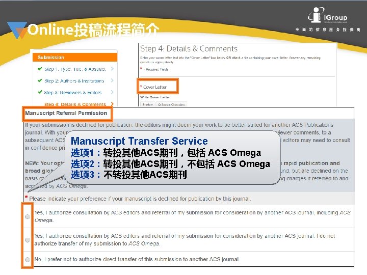 Online投稿流程简介 Manuscript Transfer Service 选项 1：转投其他ACS期刊，包括 ACS Omega Step 4：选项 2：转投其他ACS期刊，不包括 ACS Omega 选项