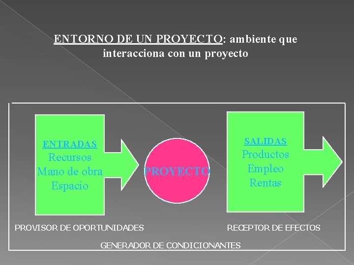 ENTORNO DE UN PROYECTO: ambiente que interacciona con un proyecto SALIDAS ENTRADAS Recursos Mano