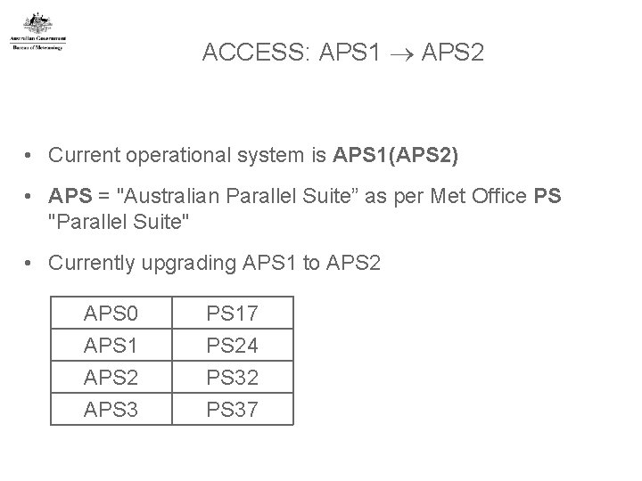 ACCESS: APS 1 APS 2 • Current operational system is APS 1(APS 2) •