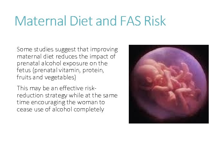 Maternal Diet and FAS Risk Some studies suggest that improving maternal diet reduces the