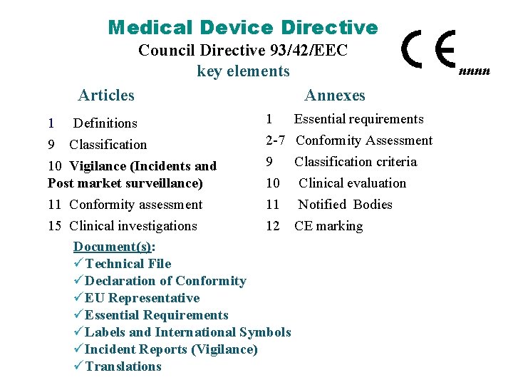 Medical Device Directive Council Directive 93/42/EEC key elements Articles Annexes 1 Essential requirements 1