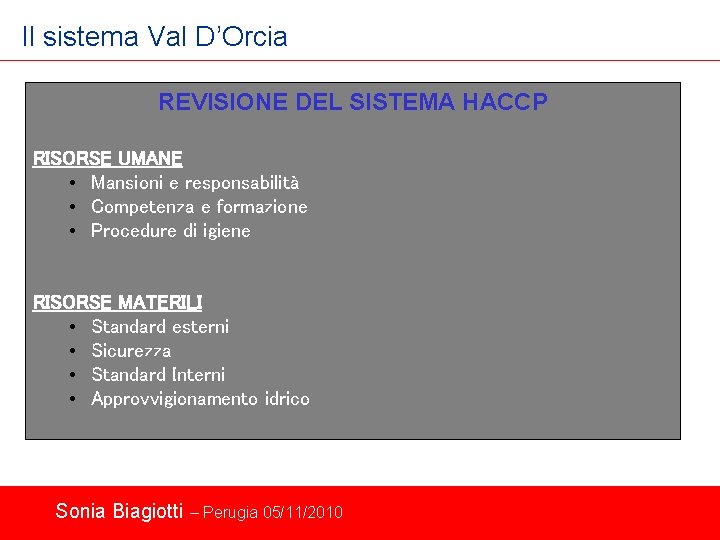 Il sistema Val D’Orcia REVISIONE DEL SISTEMA HACCP RISORSE UMANE • Mansioni e responsabilità