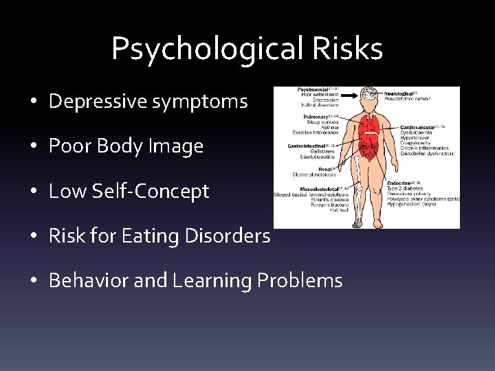 Psychological Risks • Depressive symptoms • Poor Body Image • Low Self-Concept • Risk