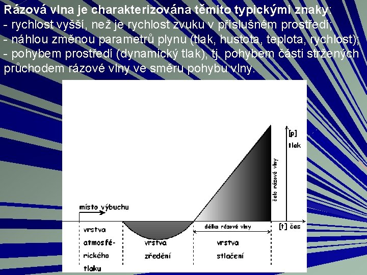 Rázová vlna je charakterizována těmito typickými znaky: - rychlost vyšší, než je rychlost zvuku