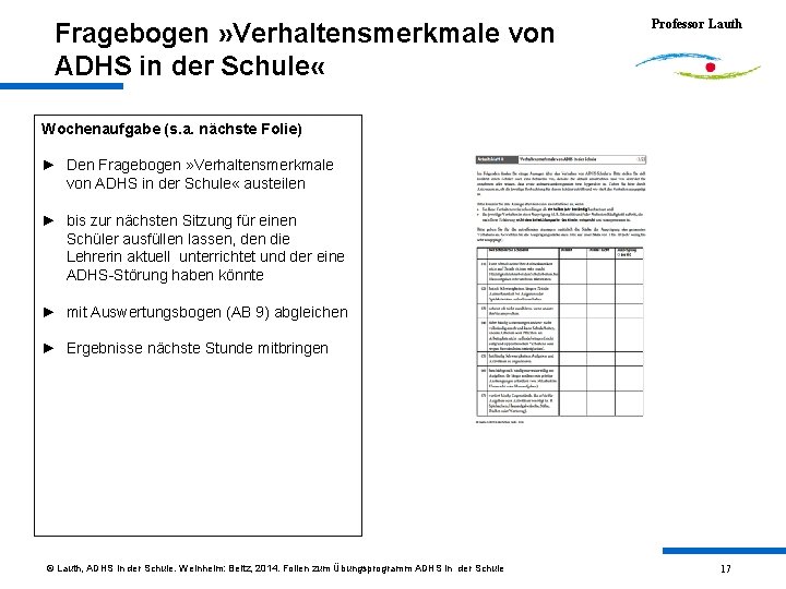 Fragebogen » Verhaltensmerkmale von ADHS in der Schule « Professor Lauth Wochenaufgabe (s. a.