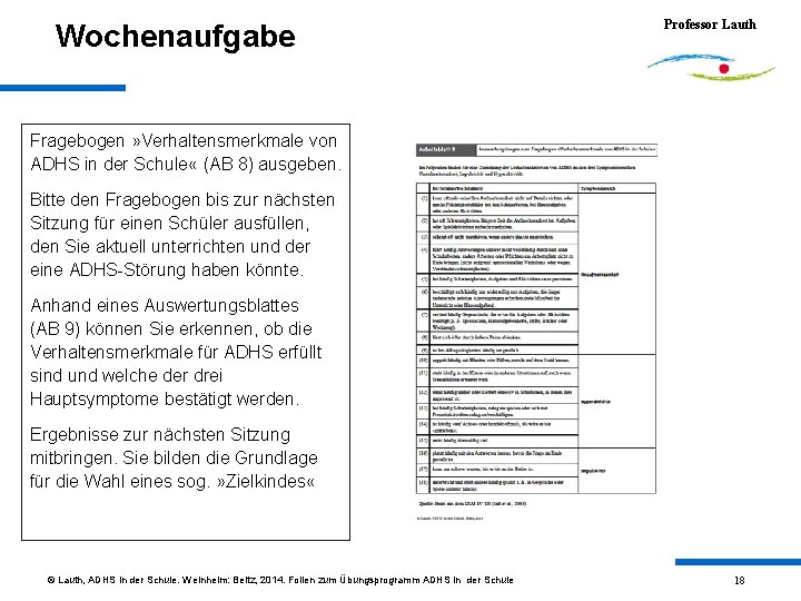 Wochenaufgabe Professor Lauth Fragebogen » Verhaltensmerkmale von ADHS in der Schule « (AB 8)