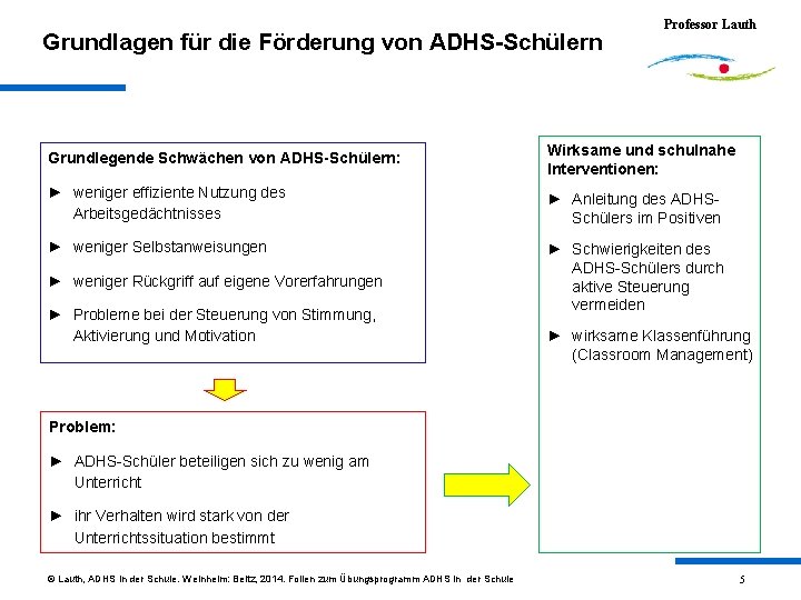 Grundlagen für die Förderung von ADHS-Schülern Professor Lauth Grundlegende Schwächen von ADHS-Schülern: Wirksame und