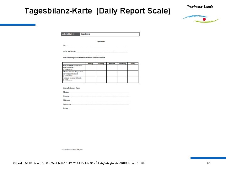 Tagesbilanz-Karte (Daily Report Scale) © Lauth, ADHS in der Schule. Weinheim: Beltz, 2014. Folien