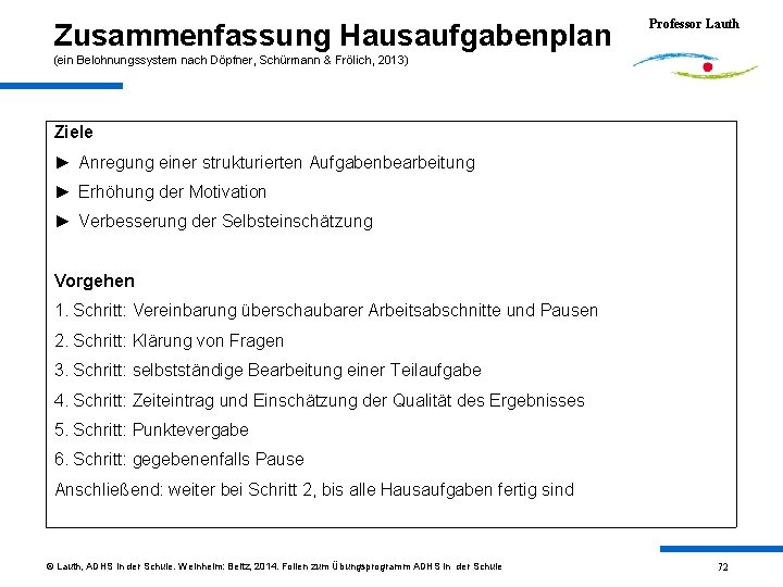 Zusammenfassung Hausaufgabenplan Professor Lauth (ein Belohnungssystem nach Döpfner, Schürmann & Frölich, 2013) Ziele ►