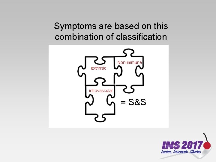 Symptoms are based on this combination of classification Non-immune extrinsic intravascular = S&S 