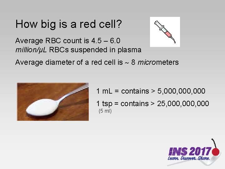 How big is a red cell? Average RBC count is 4. 5 – 6.