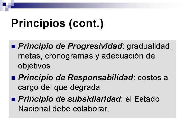 Principios (cont. ) Principio de Progresividad: gradualidad, metas, cronogramas y adecuación de objetivos n