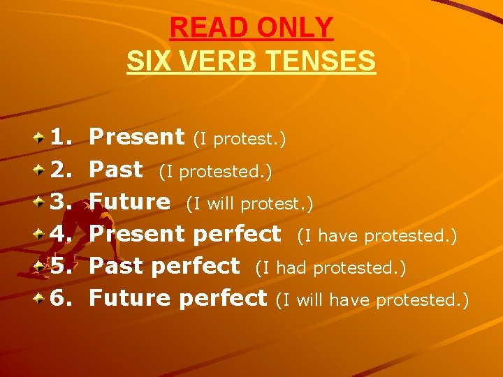 READ ONLY SIX VERB TENSES 1. 2. 3. 4. 5. 6. Present (I protest.