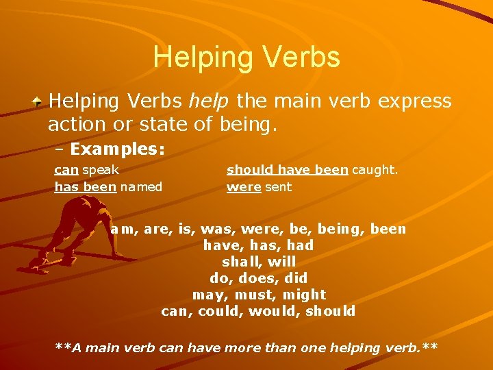 Helping Verbs help the main verb express action or state of being. – Examples: