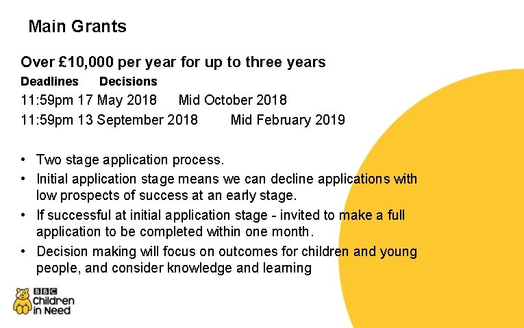 Main Grants Over £ 10, 000 per year for up to three years Deadlines