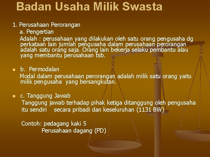 Badan Usaha Milik Swasta 1. Perusahaan Perorangan a. Pengertian Adalah : perusahaan yang dilakukan