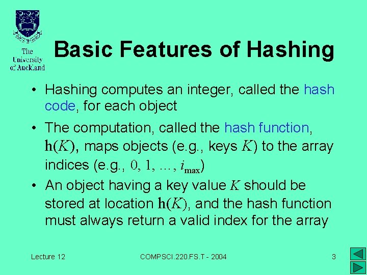 Basic Features of Hashing • Hashing computes an integer, called the hash code, for