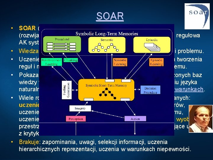 SOAR • SOAR (State, Operator And Result): klasyczny przykład (rozwijany >25 lat) architektury symbolicznej,
