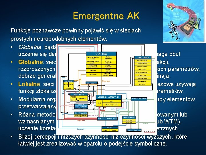 Emergentne AK Funkcje poznawcze powinny pojawić się w sieciach prostych neuropodobnych elementów. • Globalna