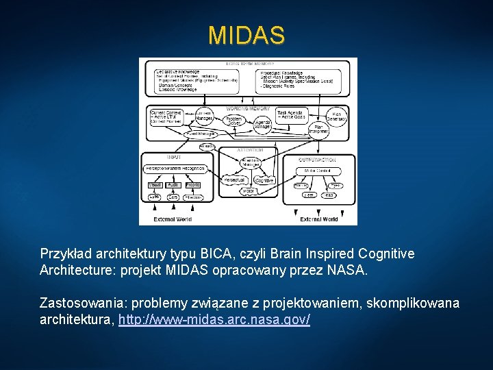 MIDAS Przykład architektury typu BICA, czyli Brain Inspired Cognitive Architecture: projekt MIDAS opracowany przez